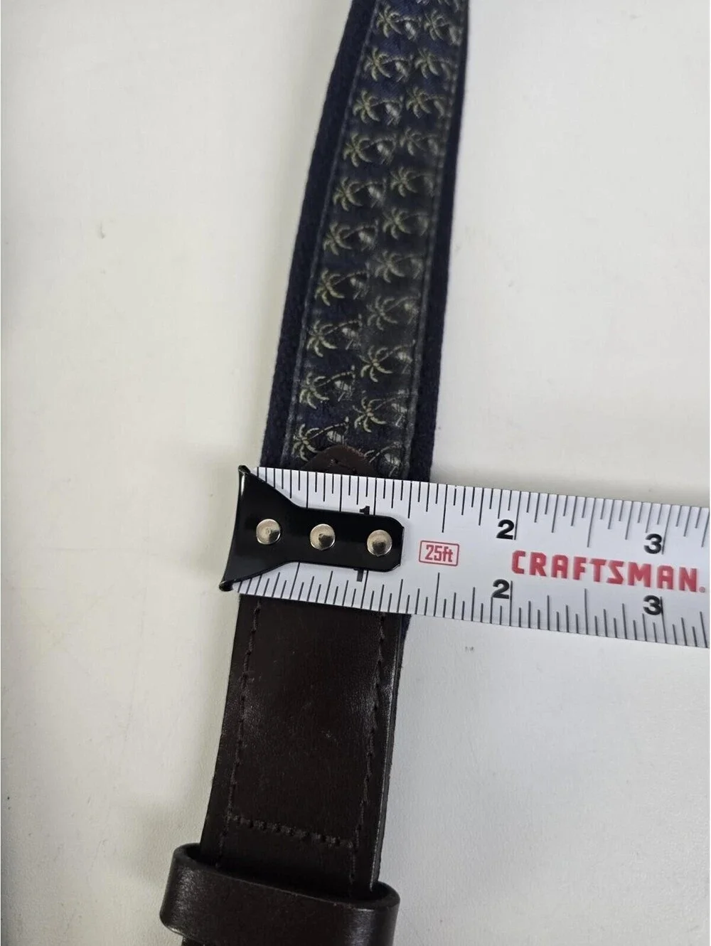 Vineyard Vines Size 42 Belt Made in USA Brown Leather Blue Canvas Palm Tree VGC